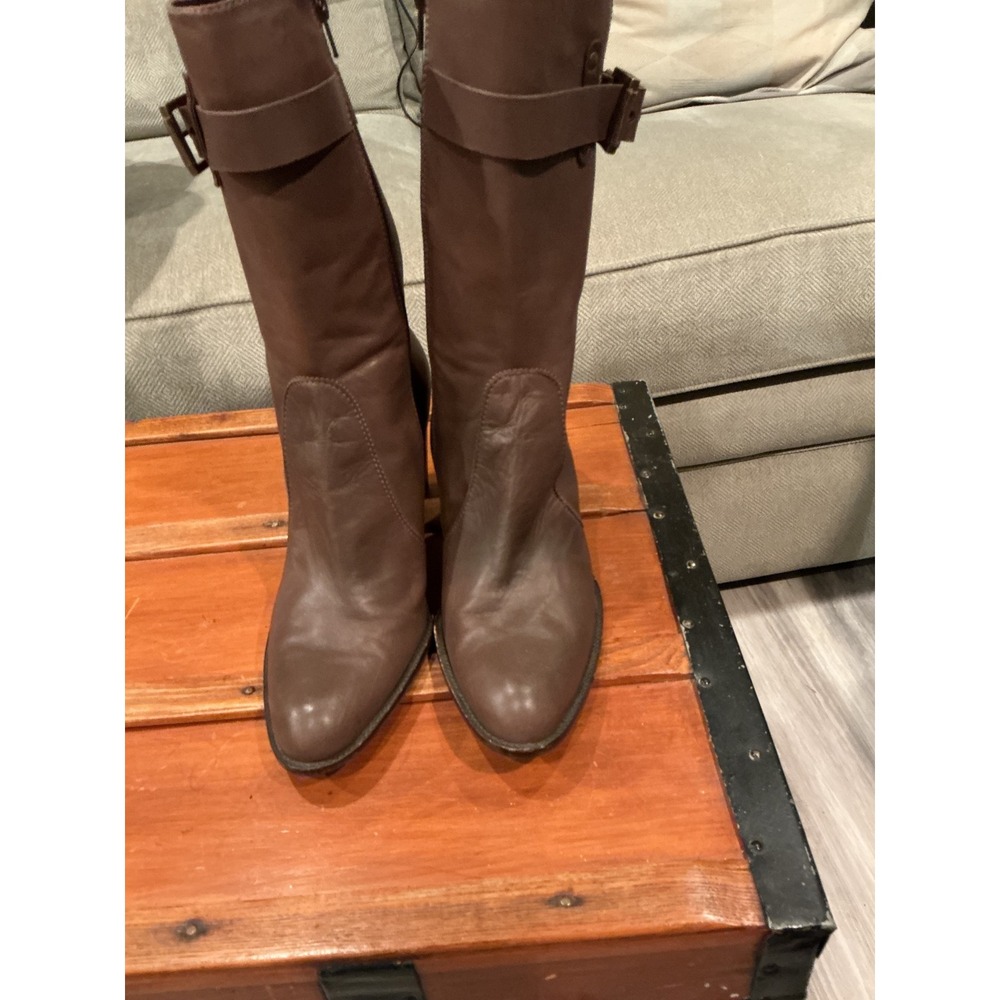 Stuart Weitzman Brown Leather Buckle Mid Calf Block Heel Boots Size 9.5 M EUC